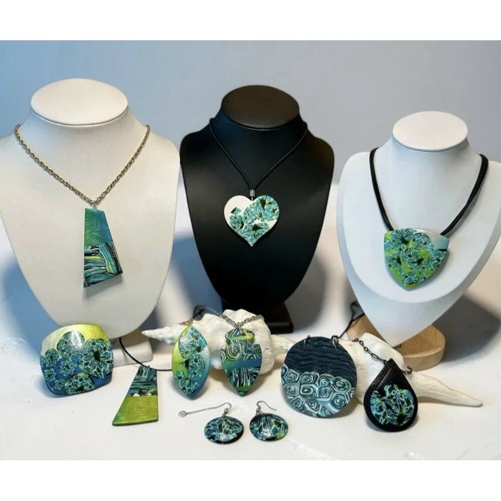 Handmade Blue & Black Abstract Floral Polymer Clay Pendant Necklace Earring Set